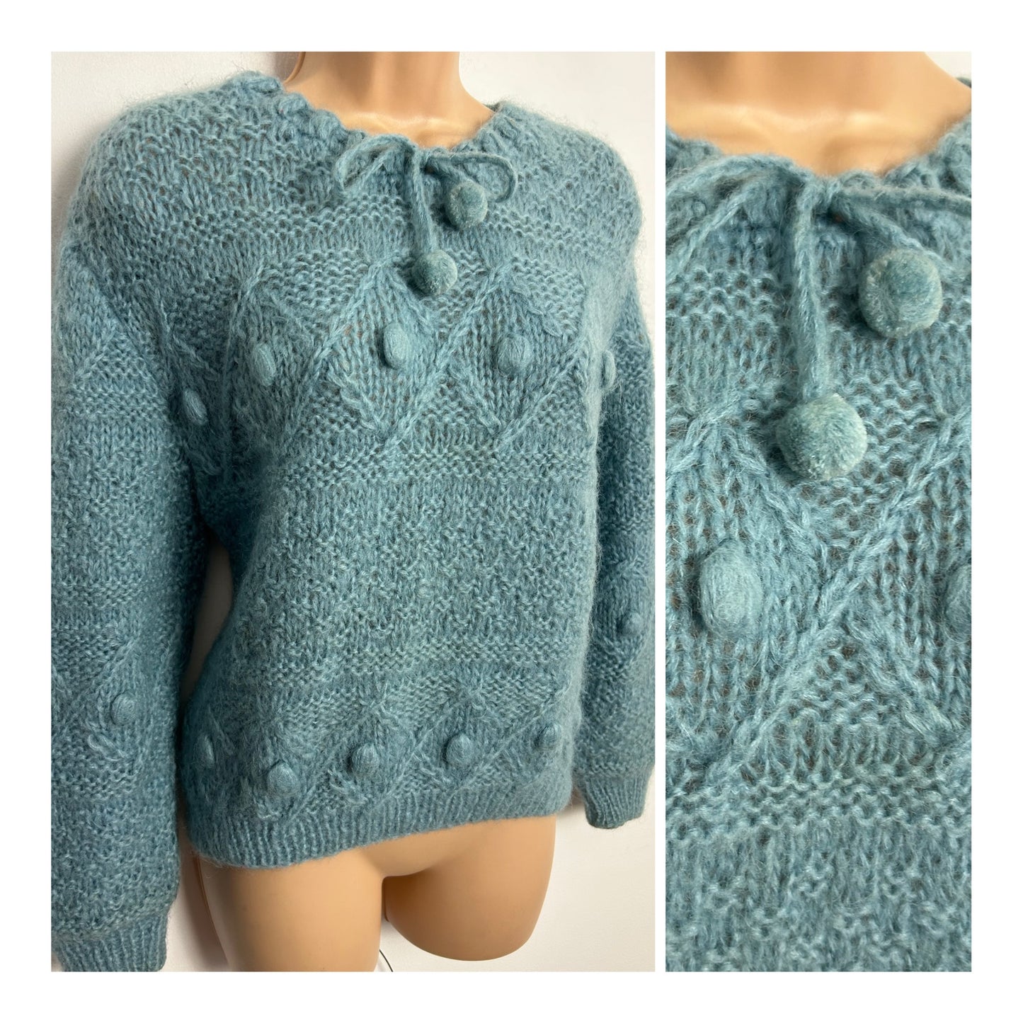 Vintage 1970s Up To Size 14 Duck Egg Blue Home Knitted Mohair Mix Pom Pom Tie Fastening Jumper