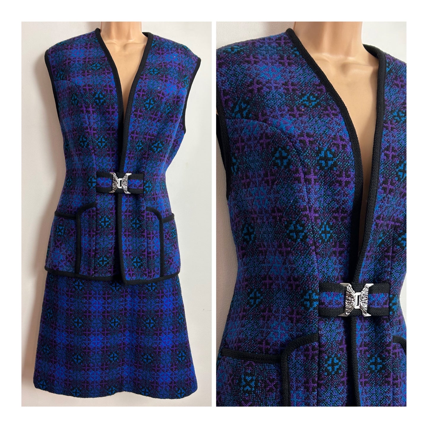 Vintage 1960s UK Size 14 Blue Black & Purple Welsh Tapestry Two Piece Set Skirt & Gilet Waistcoat Suit