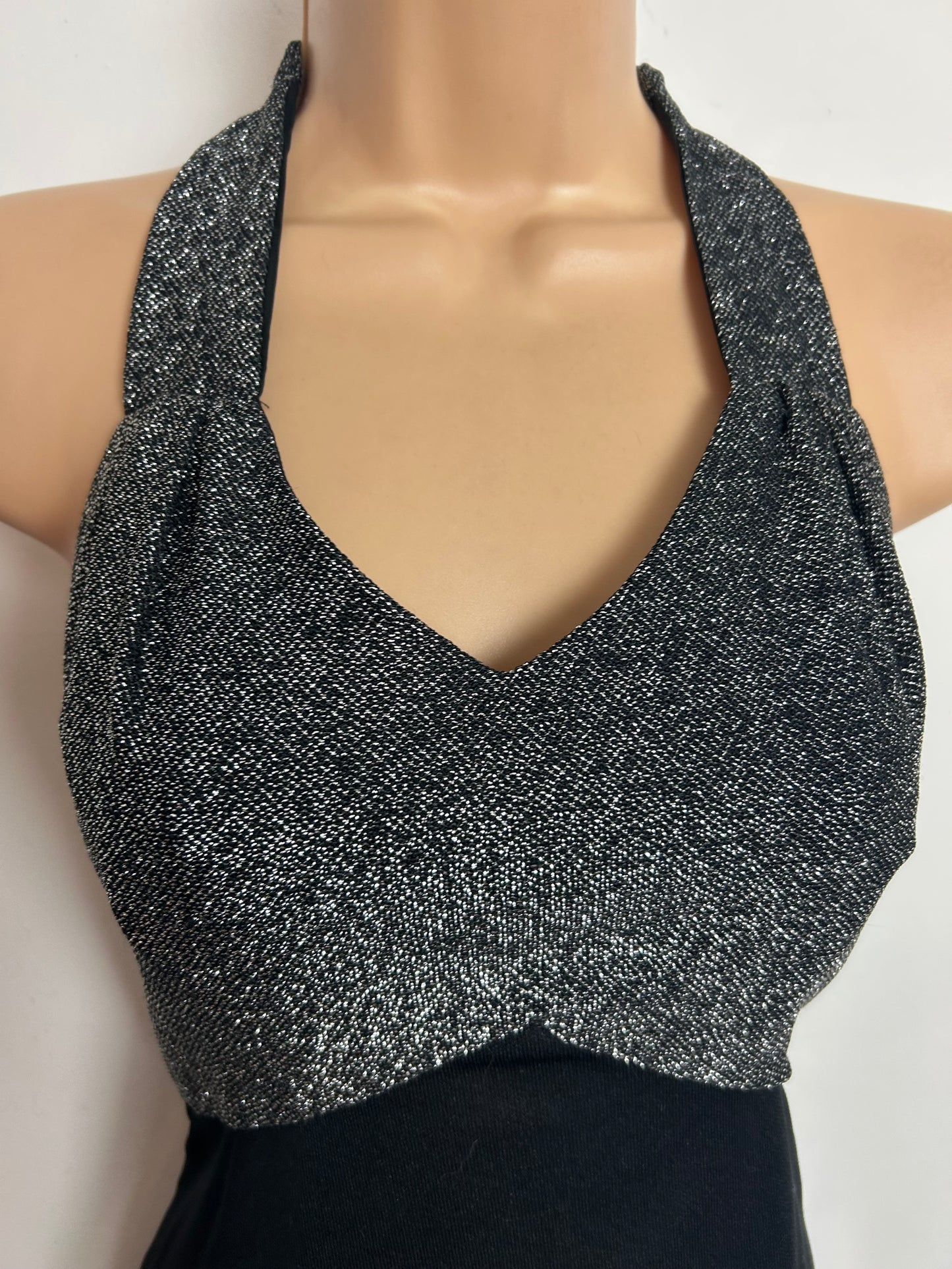 Vintage 1970s BELLE OF MY HEART Size 10-12 Black & Silver Lurex Halterneck Xmas Party Evening Dress