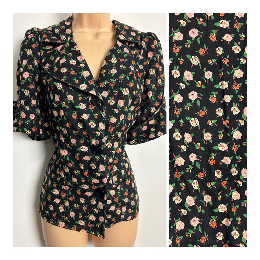 Vintage 1970s Size 12 Black & Pale Pink Floral Print 100% Cotton Short Sleeve Turn Up Cuff Shirt