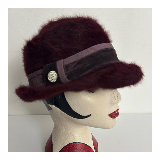 Vintage Purple Angora Mix Velvet Ribbon Trim Button Detail Trilby Style Hat