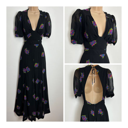Vintage 1970s Size 6 Black Pink Purple & Green Floral Print Open Back Summer Boho Maxi Dress