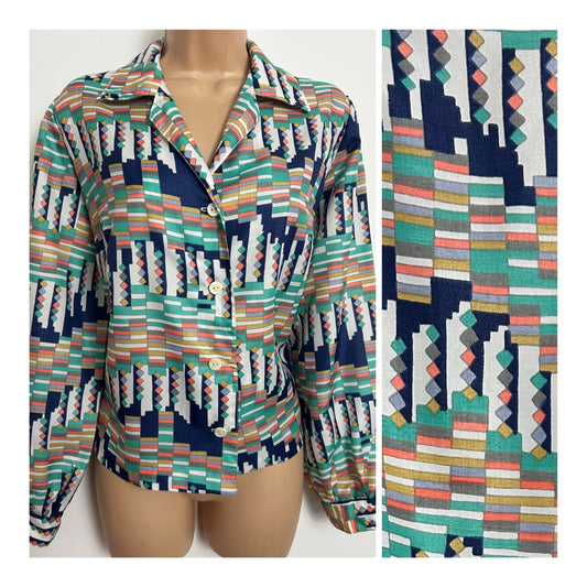 Vintage 1970s Size 14-16 Green Orange Navy & Mustard Mid Abstract Geo Print Long Sleeve Shirt
