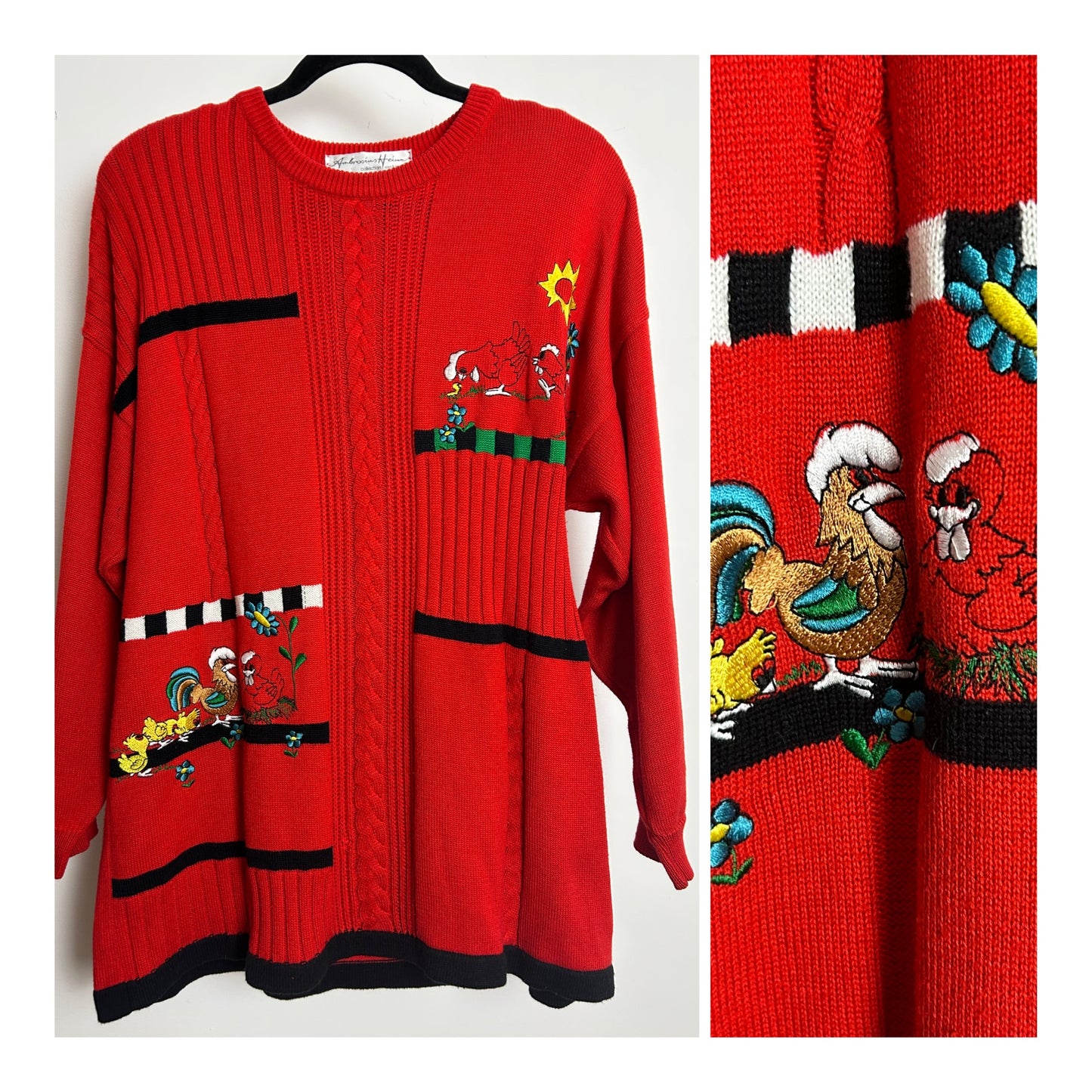 Vintage 1980s AMBROSIUS HEIM Up To Size 16 Red Cotton Mix Embroidered Chicken & Rooster Pattern Jumper