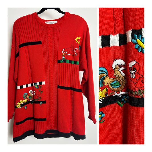 Vintage 1980s AMBROSIUS HEIM Up To Size 16 Red Cotton Mix Embroidered Chicken & Rooster Pattern Jumper