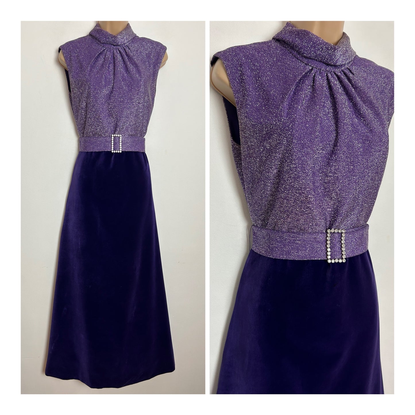 Vintage 1970s UK Size 10 Purple Velvet & Lurex Sleeveless Belted Occasion Evening Maxi Dress