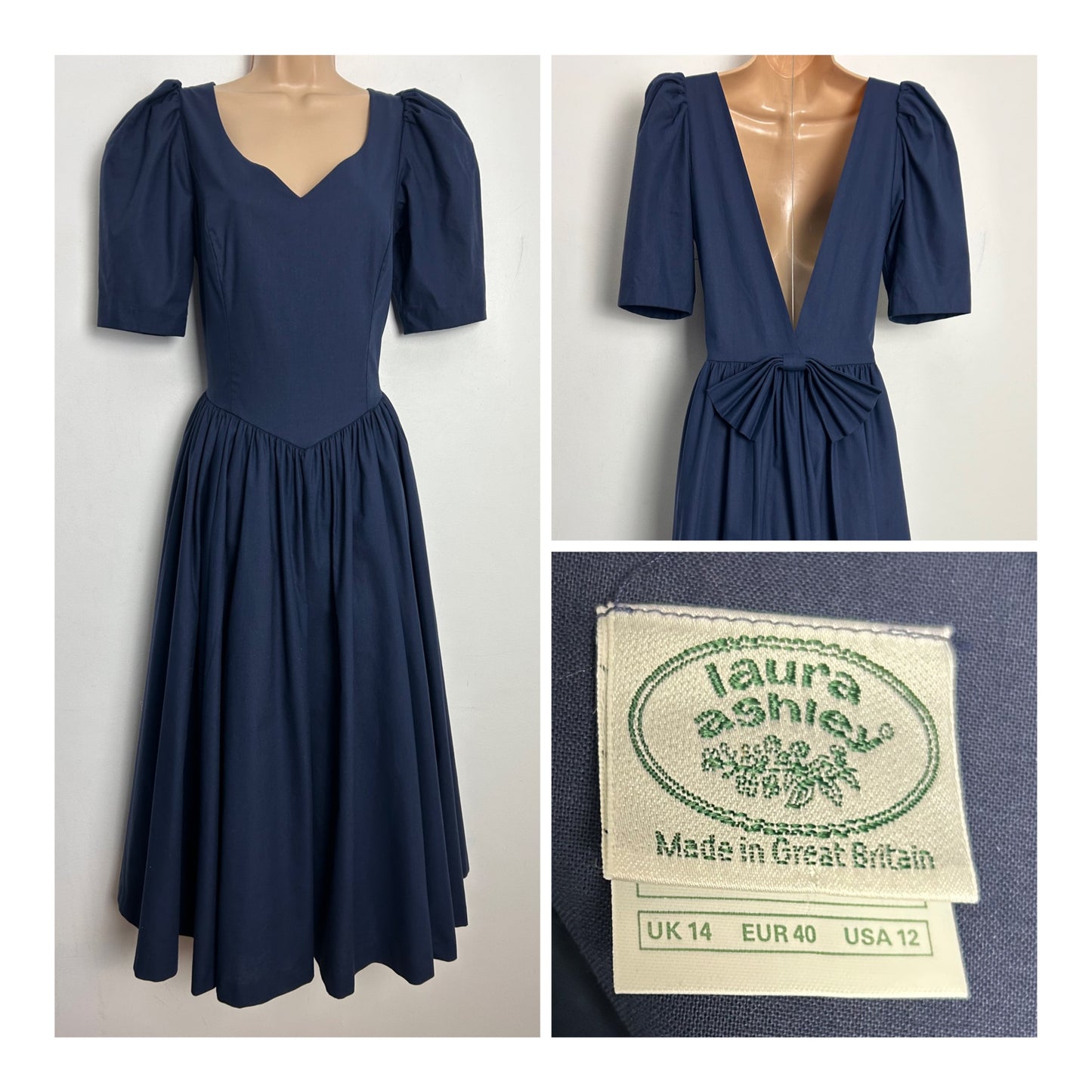 Vintage 1980s LAURA ASHLEY UK Size 8 (UK Size 14 On Label) Navy Blue Cross Over Open Back Bow Detail Midi Length Gown