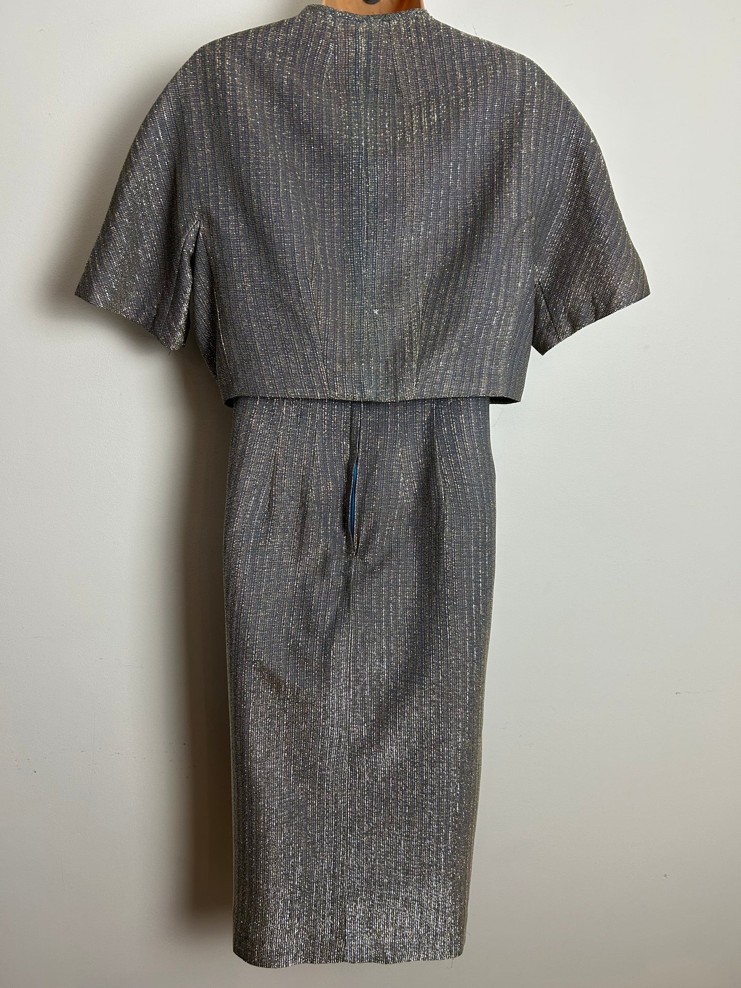 Vintage 1960s BERBRIGHT LONDON Size 12 Silver Lurex Braid Trim Evening Party Dress & Matching Cropped Jacket