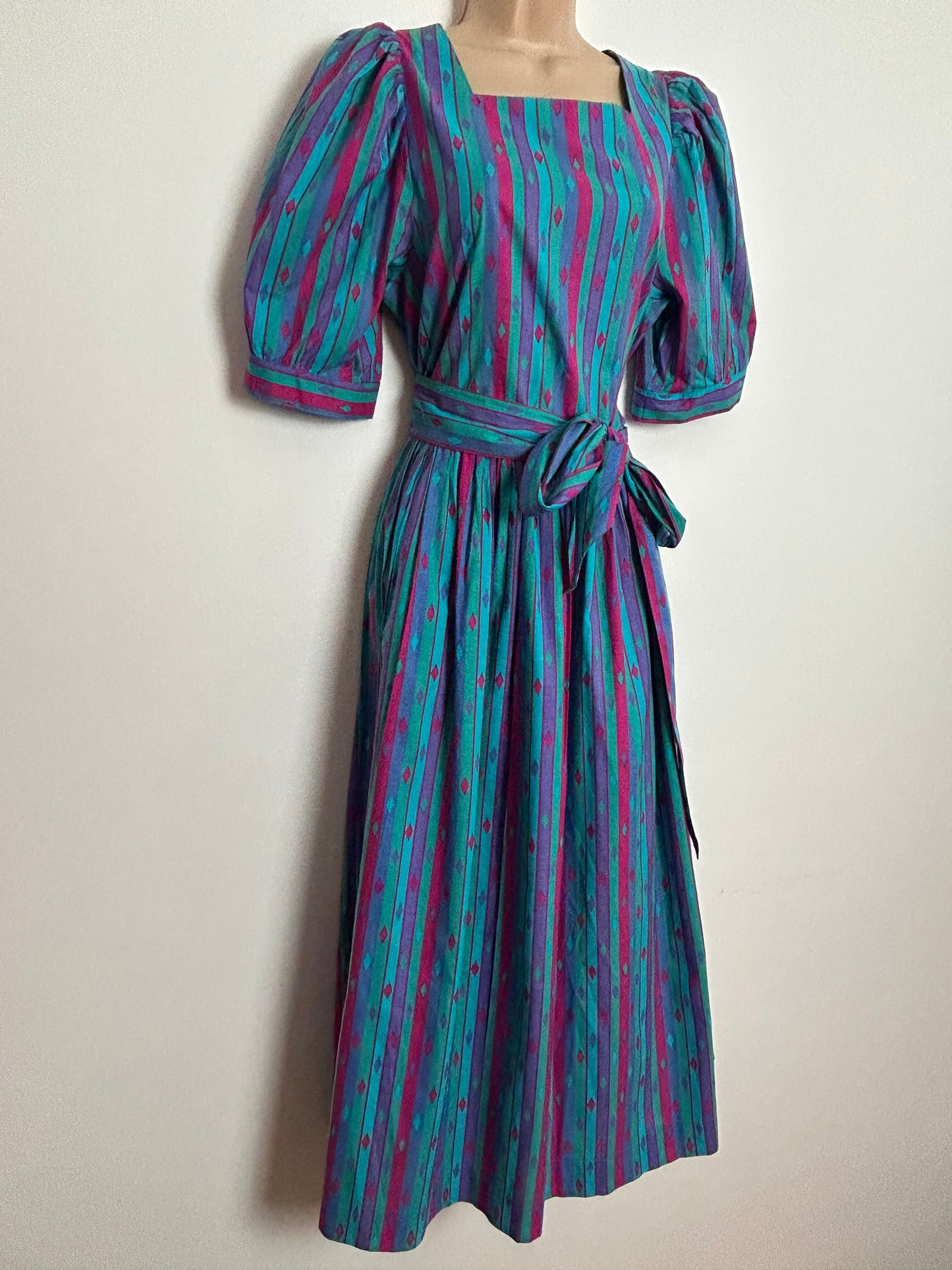 Vintage 1980s LAURA ASHLEY UK Size 12 Turquoise Purple & Pink Stripe & Diamond Print Cotton Belted Midi Dress