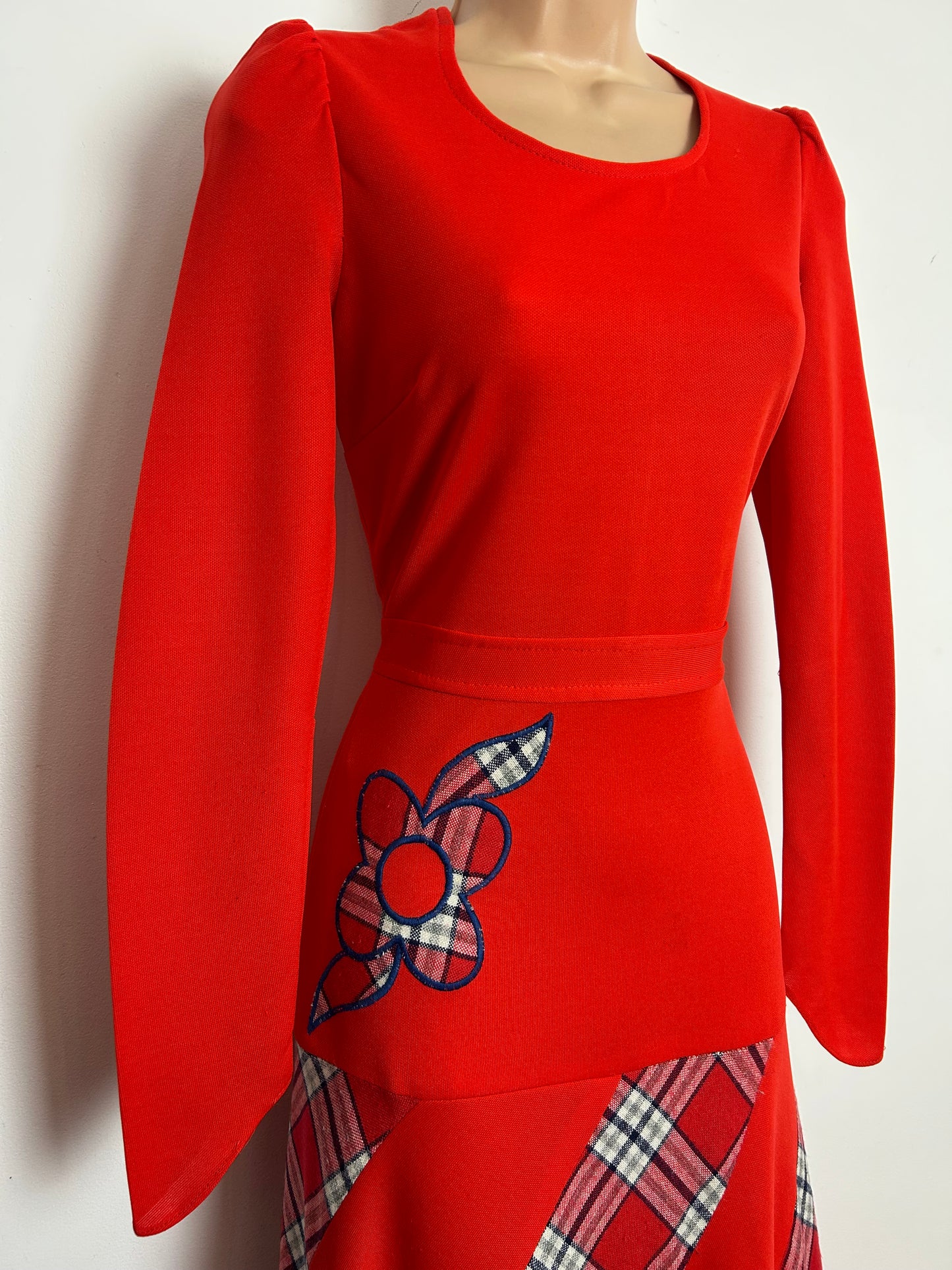 Vintage 1970s Size 8 Red Tartan Check Panels Applique Detail Long Sleeve Maxi Dress
