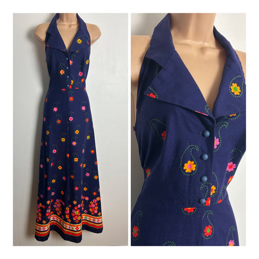 Vintage 1970s Size 10 Navy Blue Red Orange & Pink Floral Paisley Print Collared Halter neck Maxi Dress