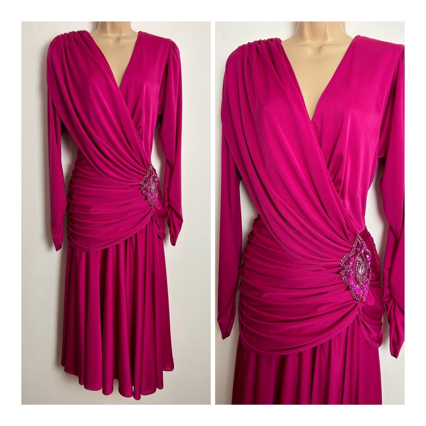 Vintage 1980s JAHN & PILL COLLECTION UK Size 14 Hot Pink Surplice Neckline Long Sleeve Ruched Sequin Applique Occasion Party Evening Dress