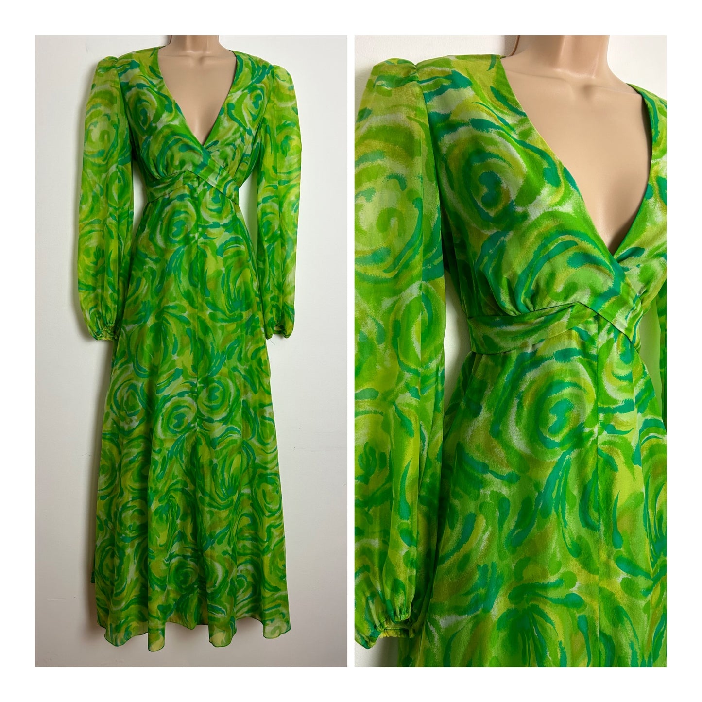 Vintage 1970s UK Size 12 Green Tones Abstract Print Wrap Tie Waist Long Sleeve Maxi Dress