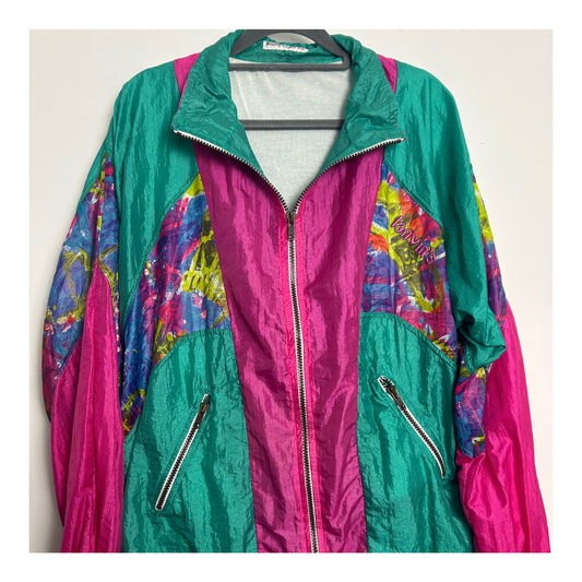 Vintage 1980s Up To Size 14/16 LANVIN'S Pink Green Blue Abstract Print Shell Suit Jacket