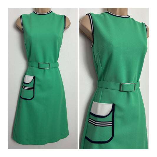 Vintage 1960s LEROSE Size 8 Green Piping Trim Belted Pocket Detail Mod Dress