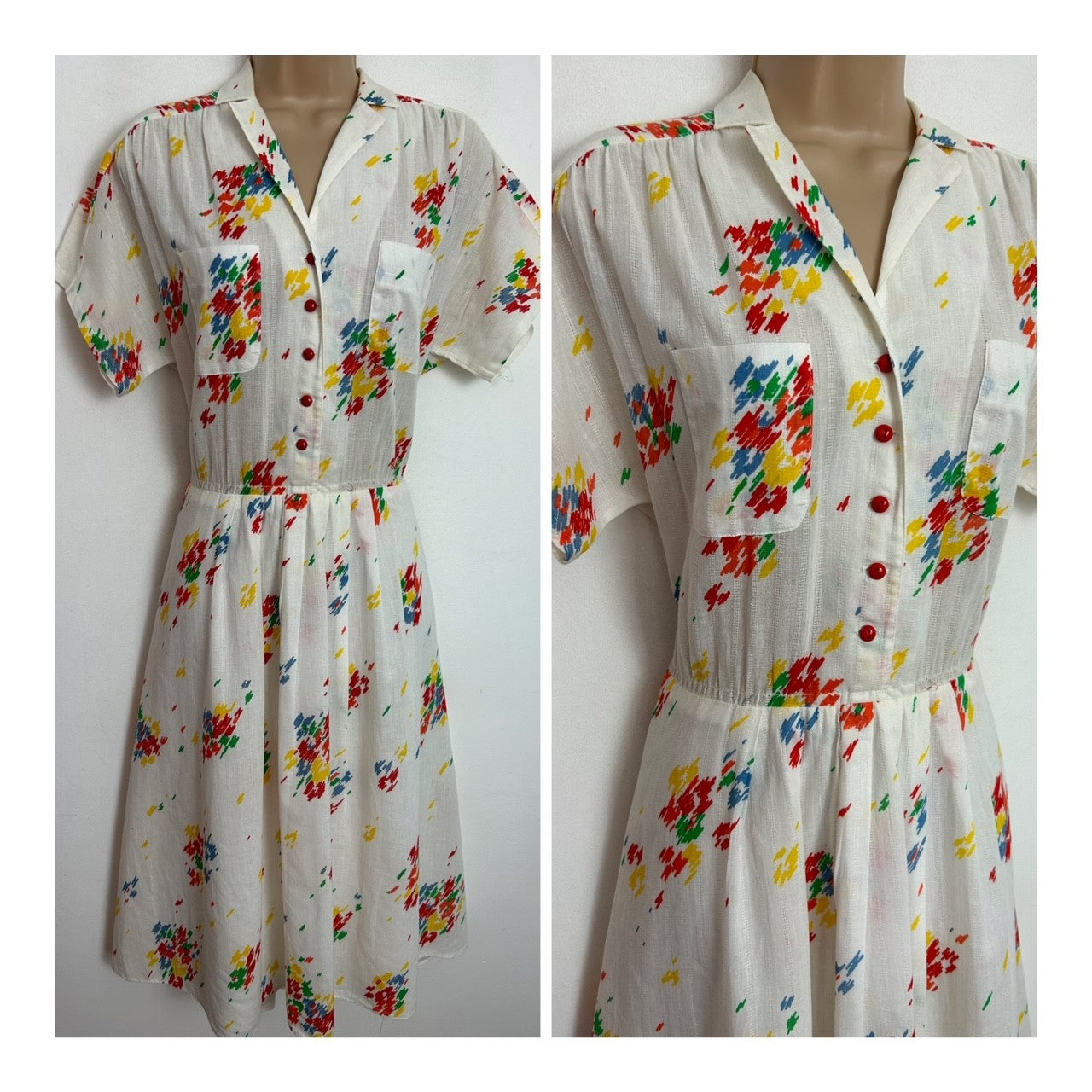 Vintage Late 1970s/Early 1980s UK Size 12 White Cotton & Multicolour Stripe Print Cotton Day Dress