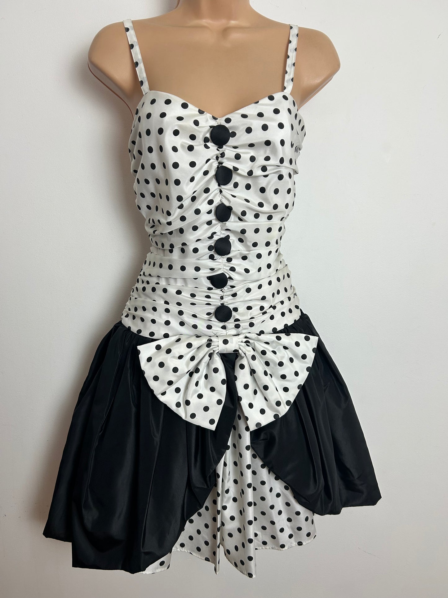 Vintage 1980s CREATION CHOU CHOU Size 10 White & Black Polka Dot Print Party Prom Dress