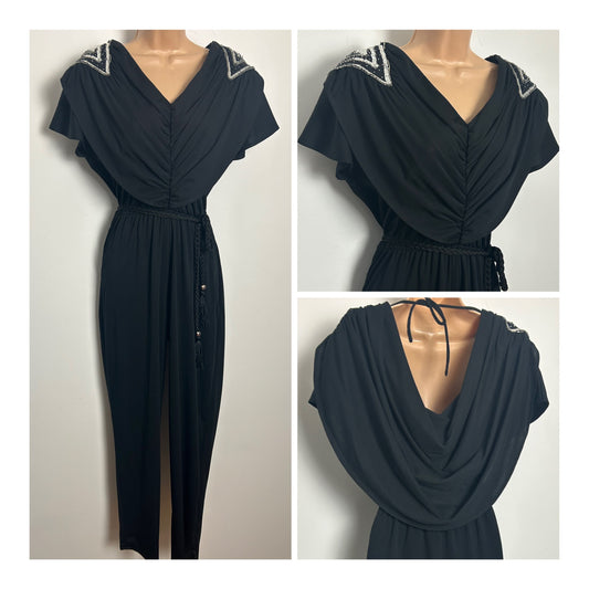 Vintage 1980s HAMELLS Size 12-14 Black Silver Sequin Detail Draped Back Short Sleeve Belted Evening Party Jumpsuit