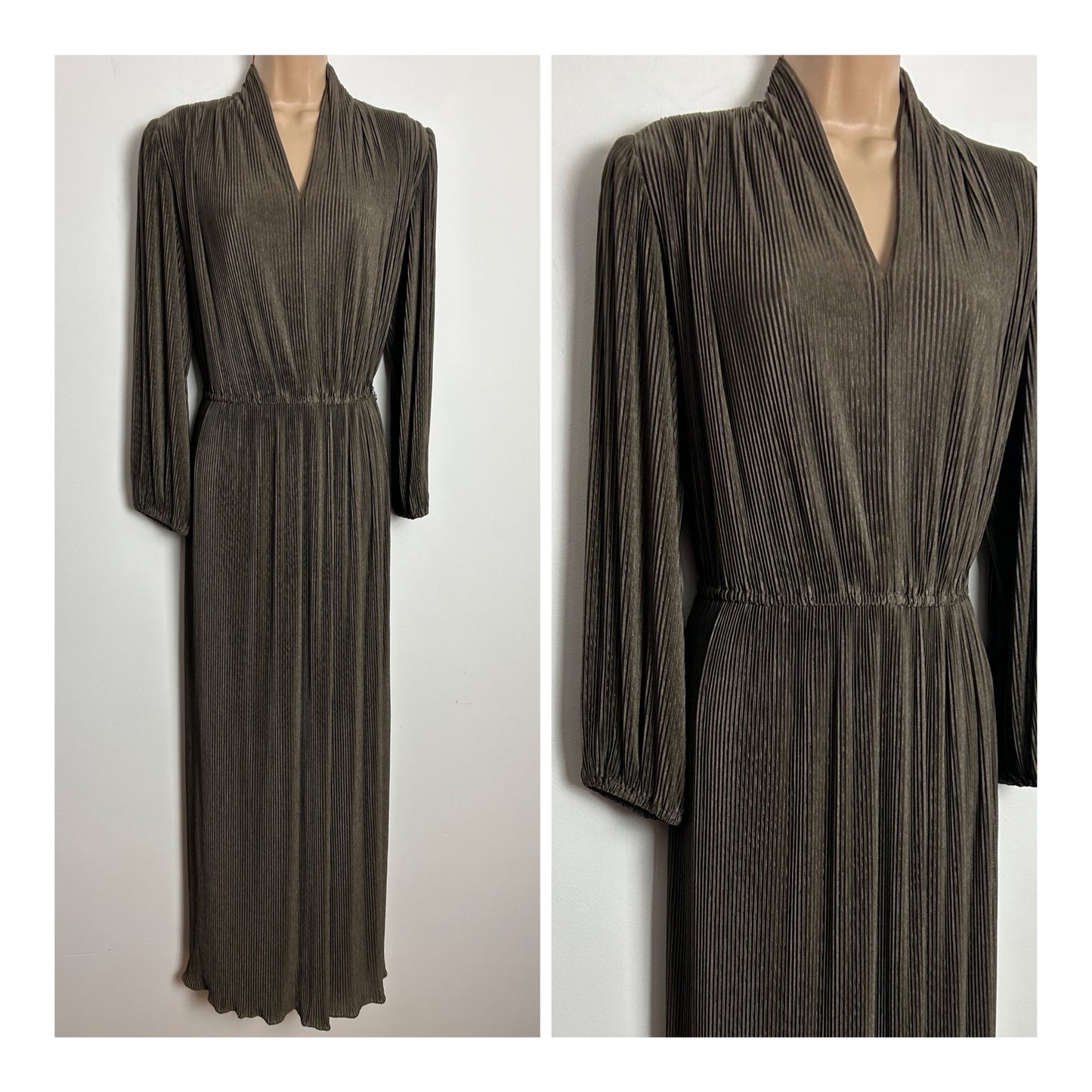 Vintage Early 1980s MUREK UK Size 14-16 Taupe Plisse Pleated Long Sleeve Occasion Evening Maxi Dress