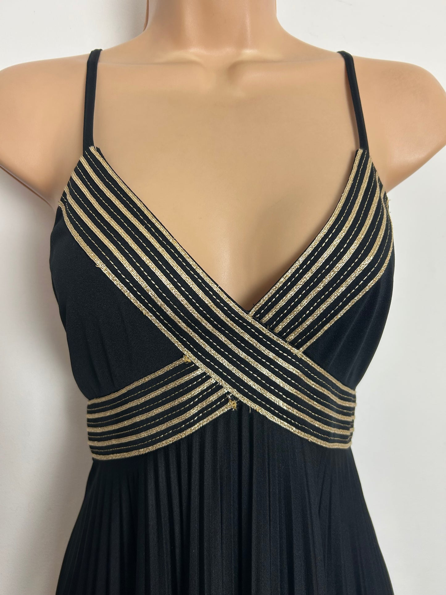 Vintage 1970s YVETTE Size 6-8 Black & Gold Braid Trim Pleated Empire Line Evening Maxi Dress