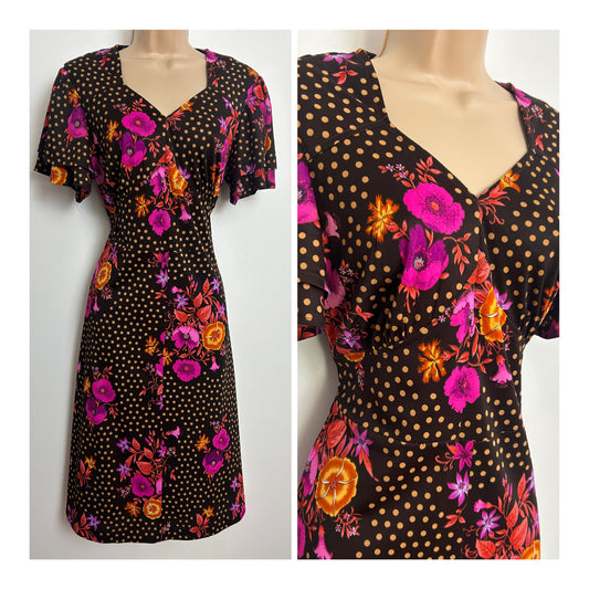 Vintage 1970s Size 12 Dark Brown Pink Orange & Beige Floral & Polka Dot Day Dress