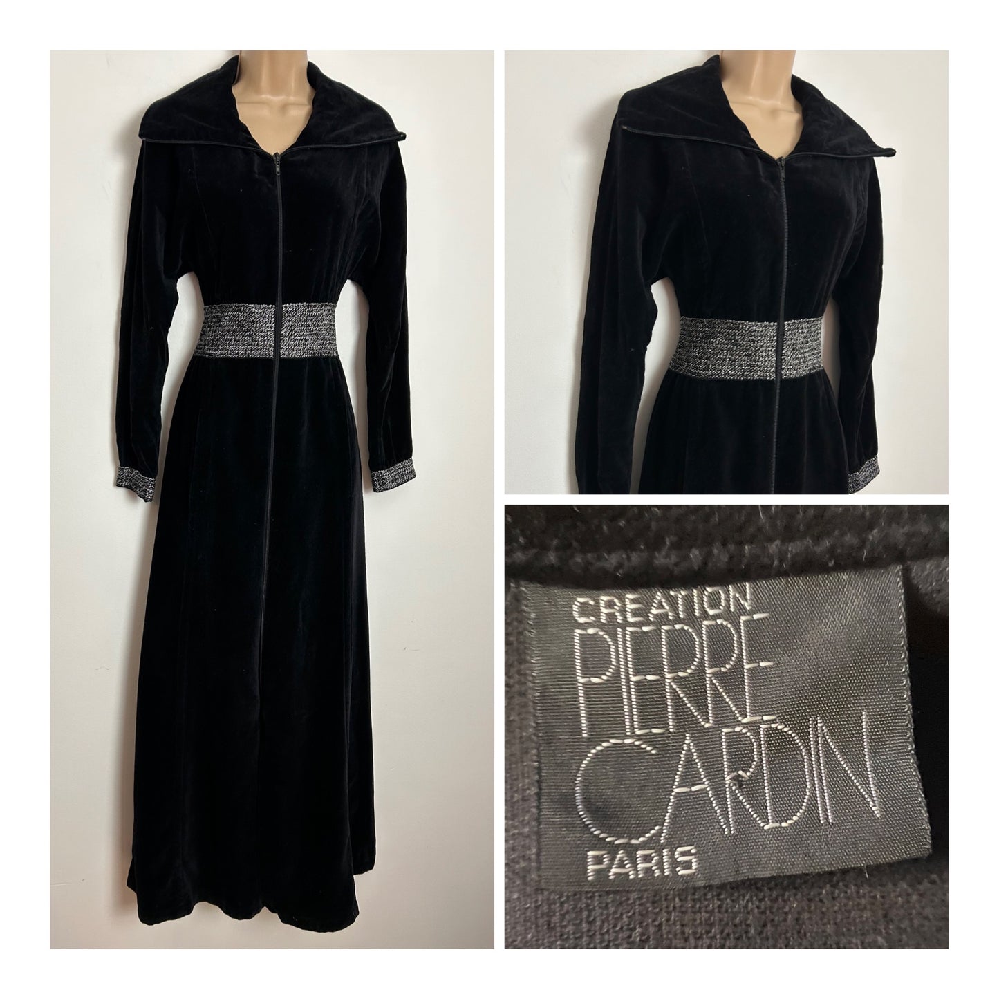 Vintage Late 1970s PIERRE CARDIN UK Size 6 Black Cotton Velvet Wide Collared Long Sleeve Zip Front Maxi Dress