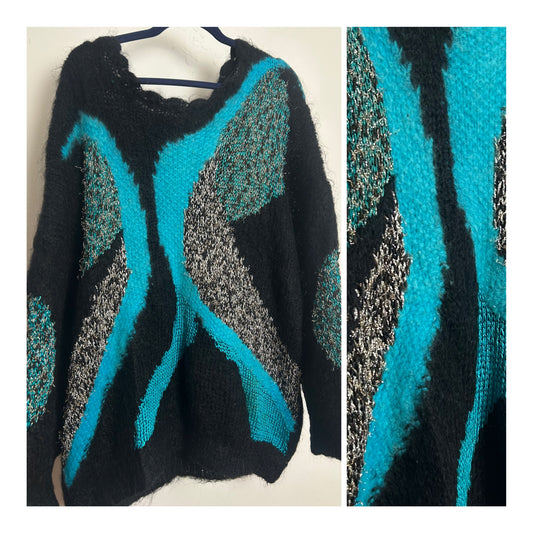 Vintage 1980s One Size Up To Size 18 Black Turquoise & Silver Mohair Mix Slouchy Jumper