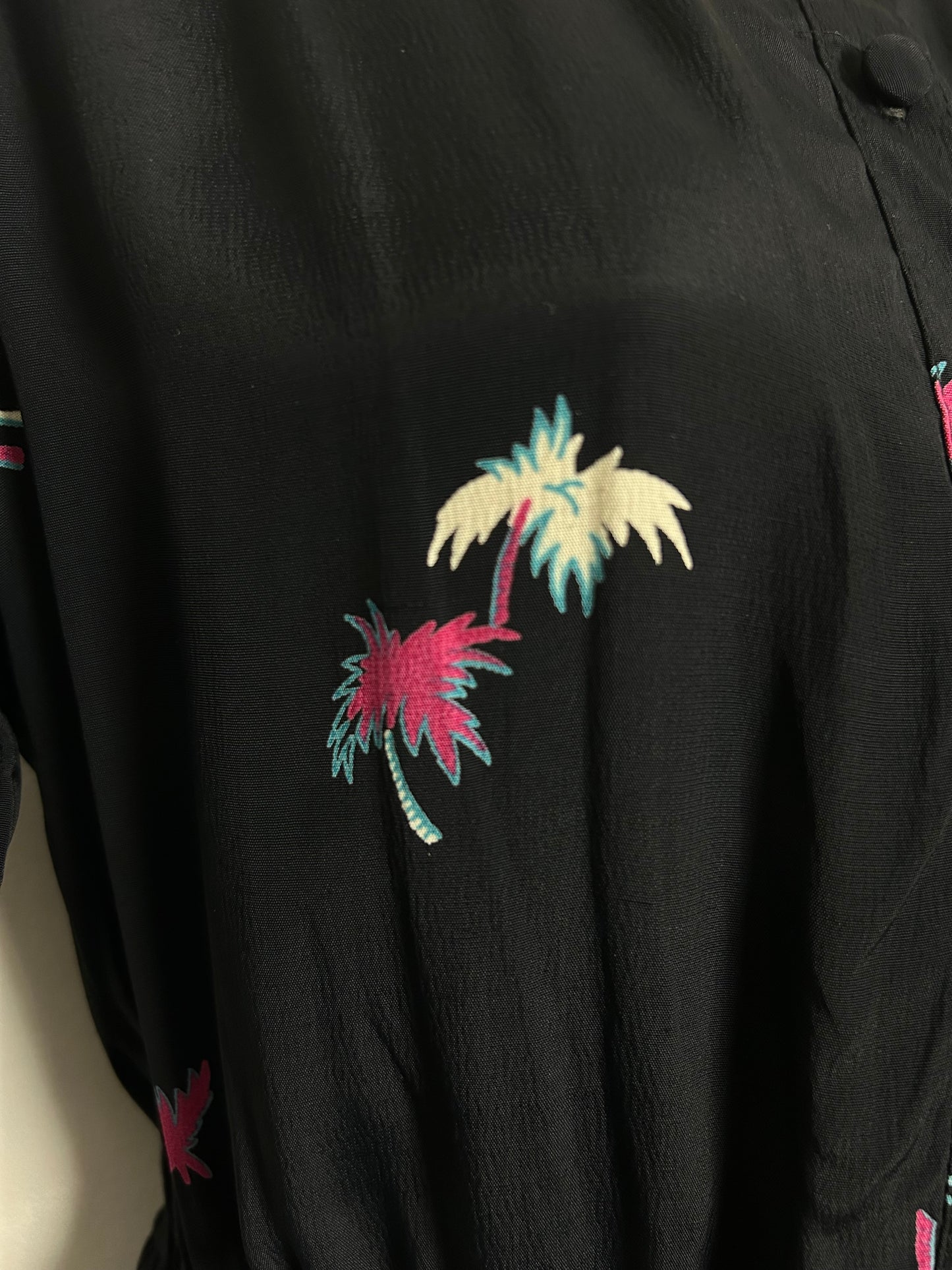 Vintage 1980s Size 10-12 Black Pink & White Palm Tree Print 1940s Style Day Dress
