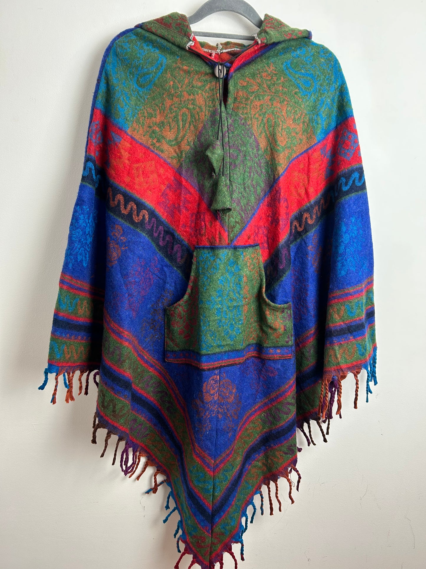 Vintage Mexican Blue Red Green Floral Paisley Pattern Soft Wool Mix Hooded Poncho Cape With Tassels