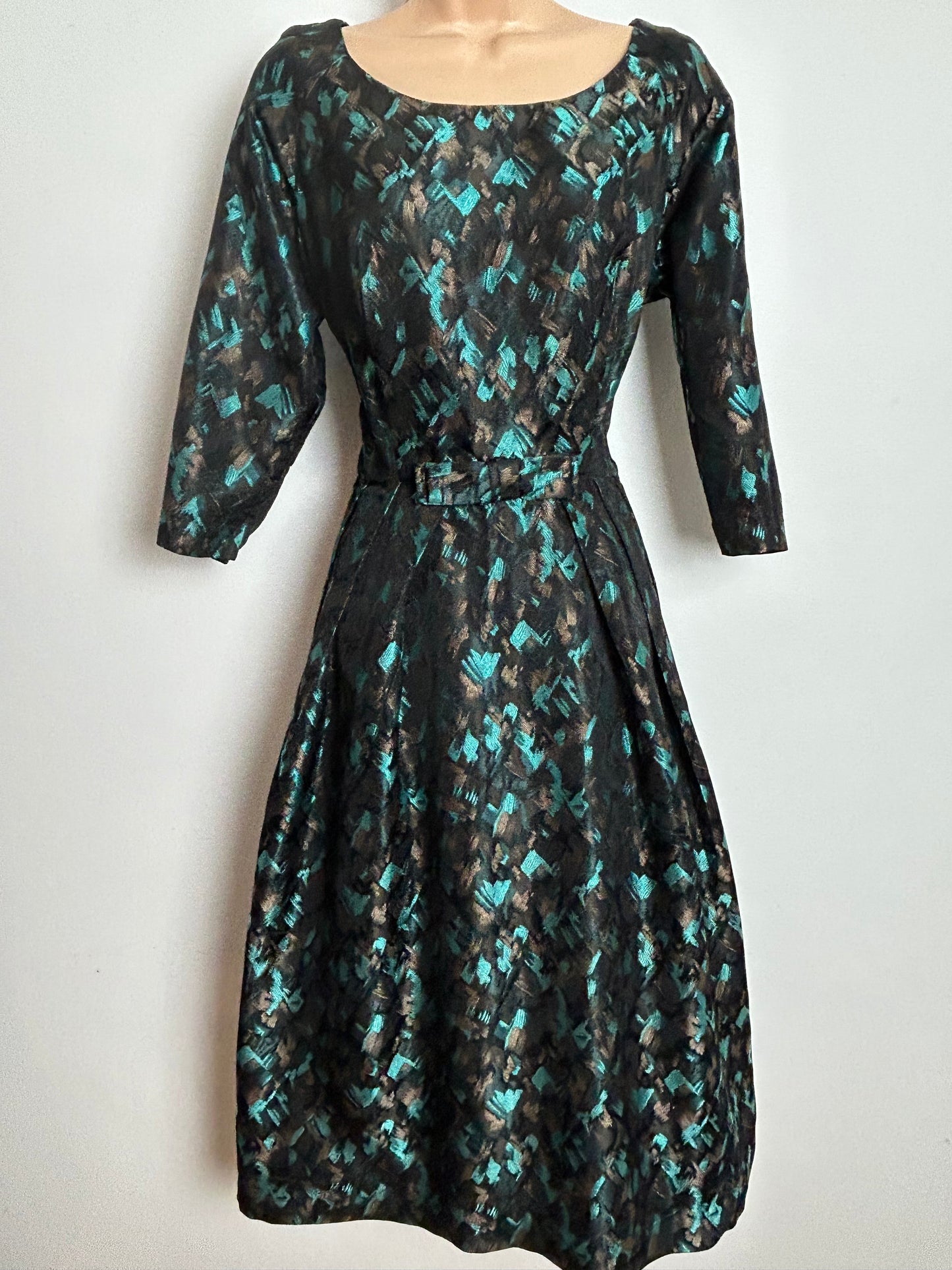 Vintage Late 1950s KITTY COPELAND Size 12-14 Black Blue & Bronze Jacquard Bow Detail Party Occasion Dress