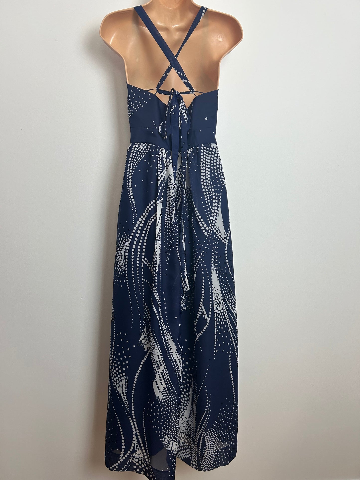 Vintage 1970s Size 6 Navy Blue & White Spotty Print Cross Strap Summer Occasion Maxi Dress