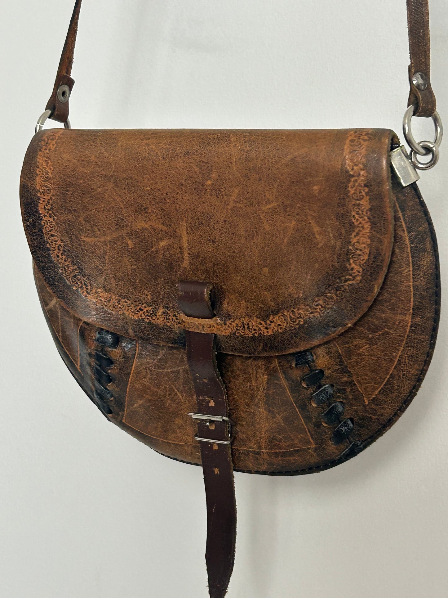 Vintage 1980s Small Handmade Distressed Western Style Crossbody Leather Saddle Bag