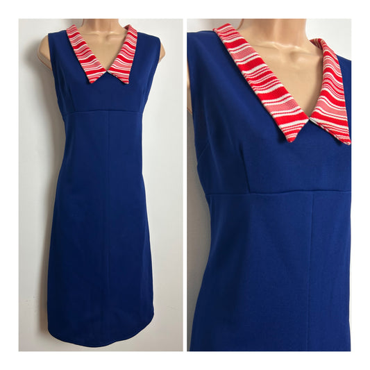 Vintage 1970s Size 12 Navy Blue Red & White Stripe Collar Sleeveless Mod Shift Dress