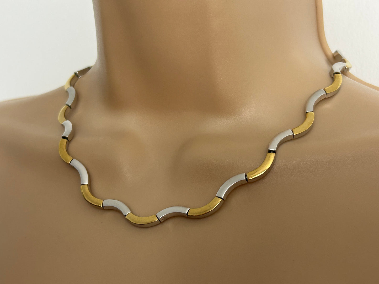 Vintage Silver & Gold Wavy Design Choker Necklace