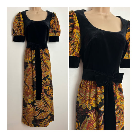 Vintage 1960s UK size 8 Black Orange Red & Gold Floral Paisley Lurex & Velvet Occasion Evening Maxi Dress