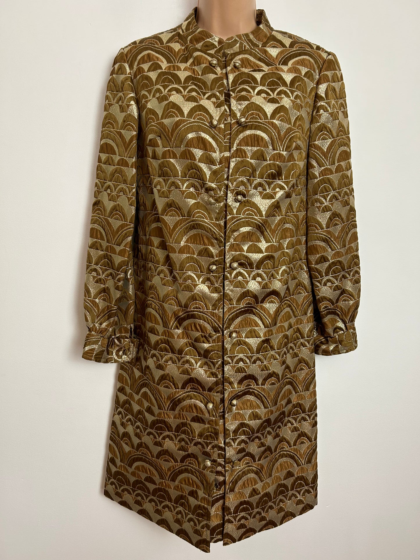 Vintage 1960s LA STRADA UK Size 10 Gold & Bronze Brocade Arc Print Long Sleeve Mod Occasion Party Shift Dress