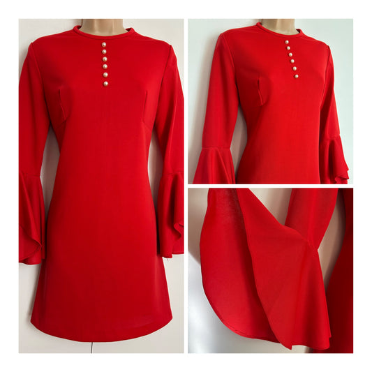Vintage 1960s Size 8 Red Long Flared Trumpet Sleeve Mini Mod Shift Dress