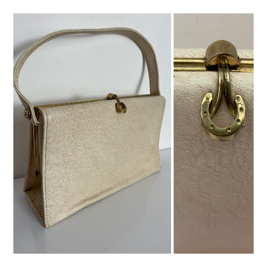 Vintage Early 1960s Cream Faux Leather Vinyl Gold Framed Lucky Horse Shoe Clasp Handbag