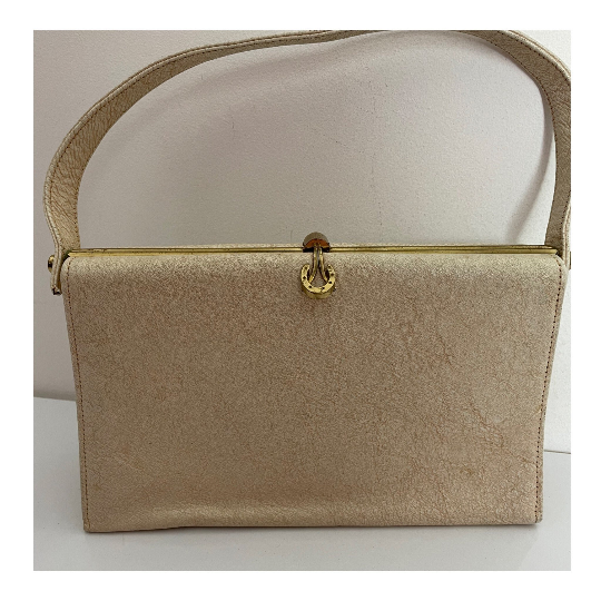 Vintage Early 1960s Cream Faux Leather Vinyl Gold Framed Lucky Horse Shoe Clasp Handbag