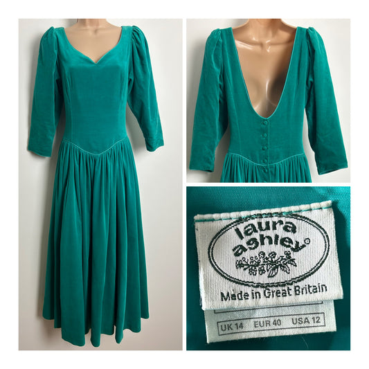 Vintage 1980s LAURA ASHLEY Size 10 (Size 14 On Label) RARE Dark Turquoise Teal Velvet Midi Ballgown