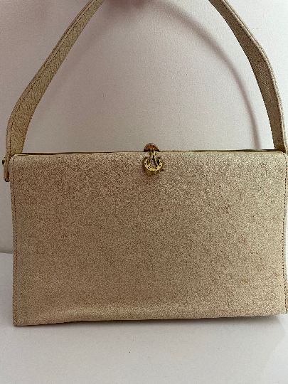 Vintage Early 1960s Cream Faux Leather Vinyl Gold Framed Lucky Horse Shoe Clasp Handbag