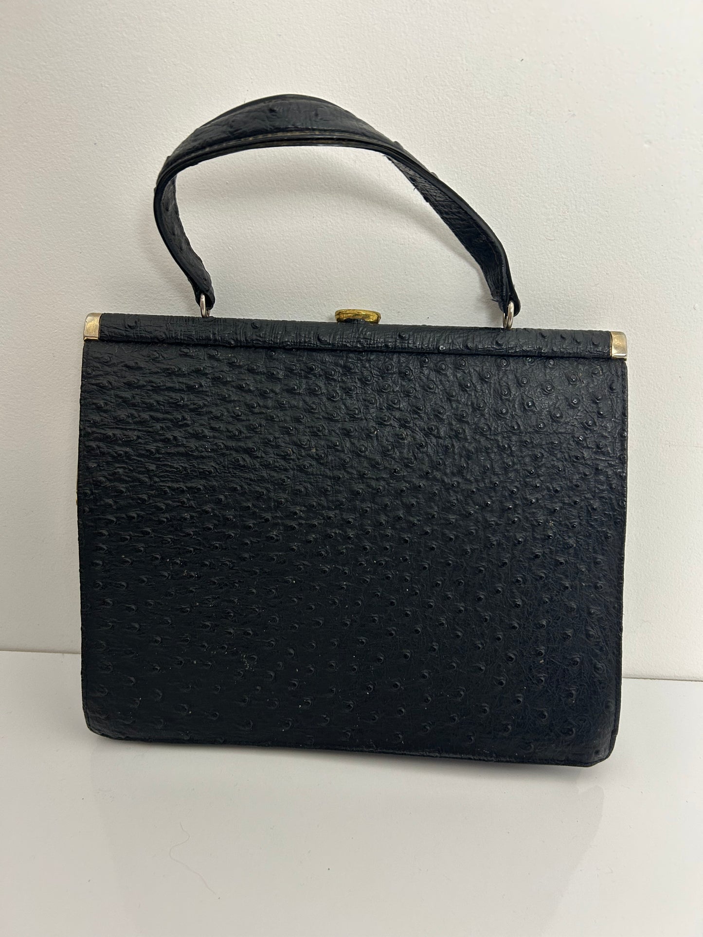Vintage 1950s Black Ostrich Leather Kelly Style Handbag