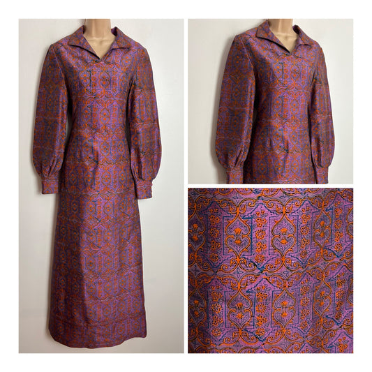 Vintage 1970s UK Size 8 Lilacy Pink Orange & Blue Abstract Print Long Sleeve Maxi Dress