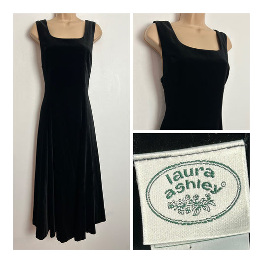 Vintage 1980s LAURA ASHLEY UK Size 12 (Size 14 On Label) Black Velvet Sleeveless Midi Dress