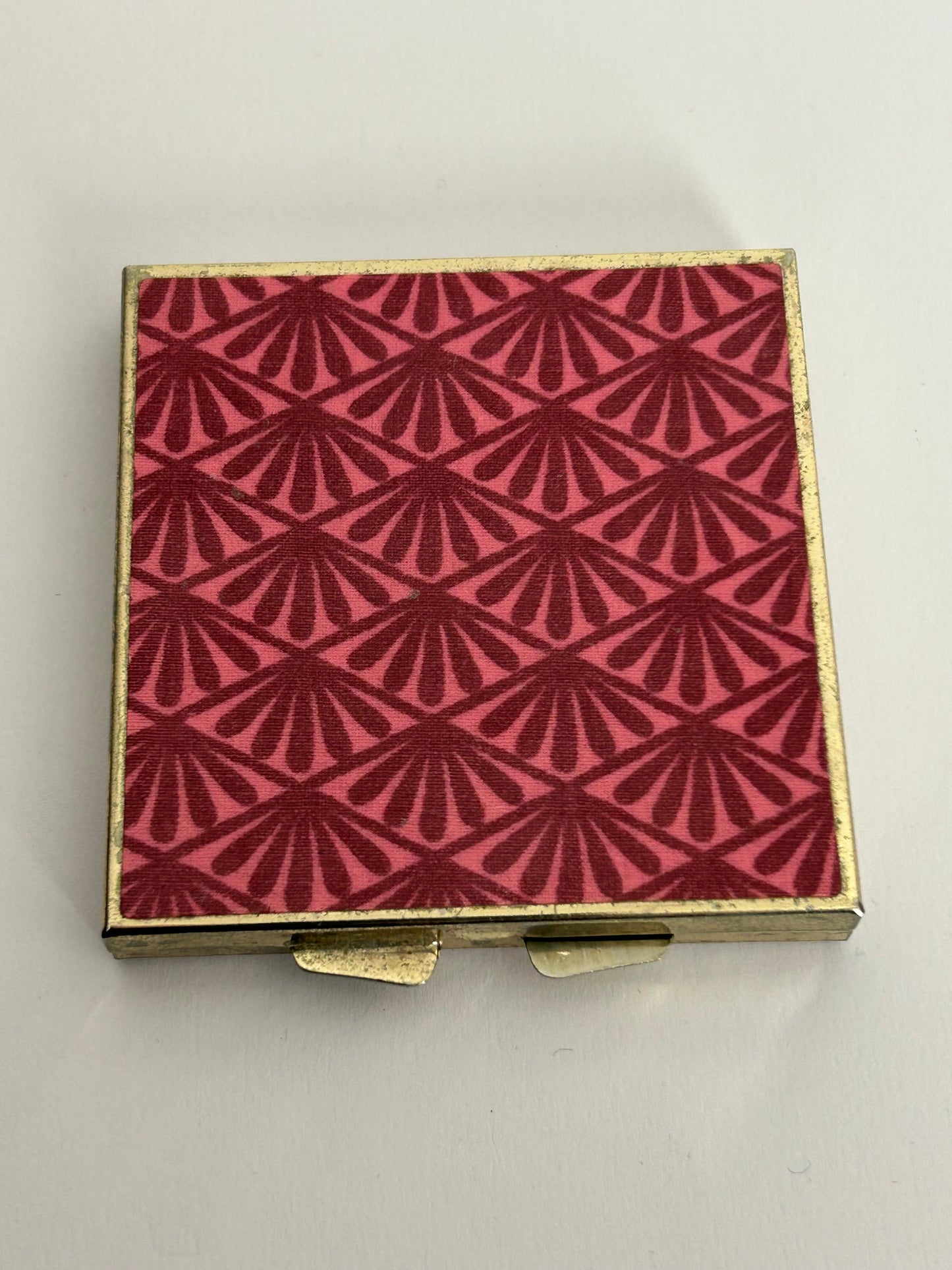Vintage Silver Tone Base Metal Pink Deco Pattern Square Compact Mirror