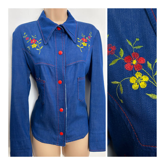 Vintage 1970s Size 10-12 Dark Blue Red Yellow & Green Floral Denim Long Sleeve Shirt