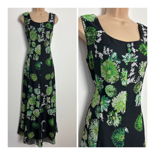 Vintage 1970s RADTKE UK Size 12 Pretty Black & Green Floral Print Sleeveless Maxi Dress