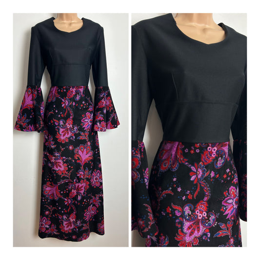 Vintage 1970s Size 10 Black Red & Pink Floral Print Velvet Flared Cuff Maxi Dress