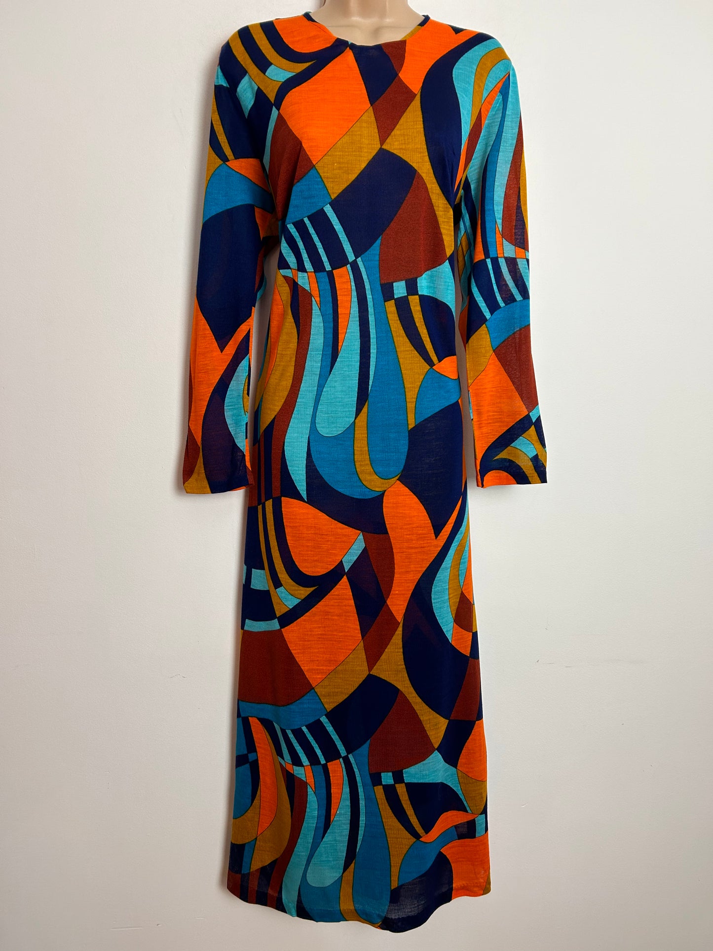 Vintage 1970s DEADSTOCK CHARMOR UK Size 12-14 Turquoise Rust & Navy Abstract Print Long Sleeve Maxi Dress