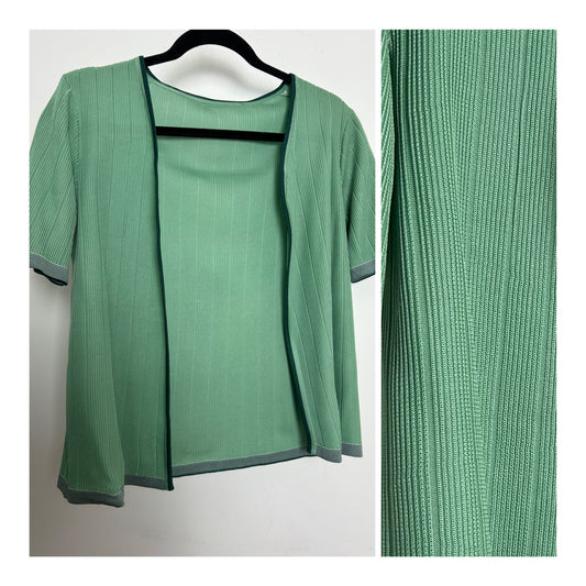 Vintage 1980s Size 10-12 Green Ribbed Open Fronted Short Sleeve Cover Up Cardigan
